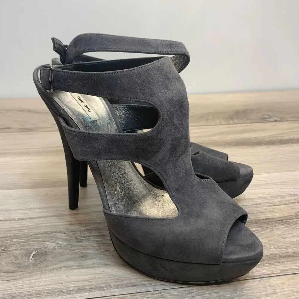Miu‎ Miu Womens Gray Leather Suede Peep Toe Stilletto High Heels Shoes Size 38